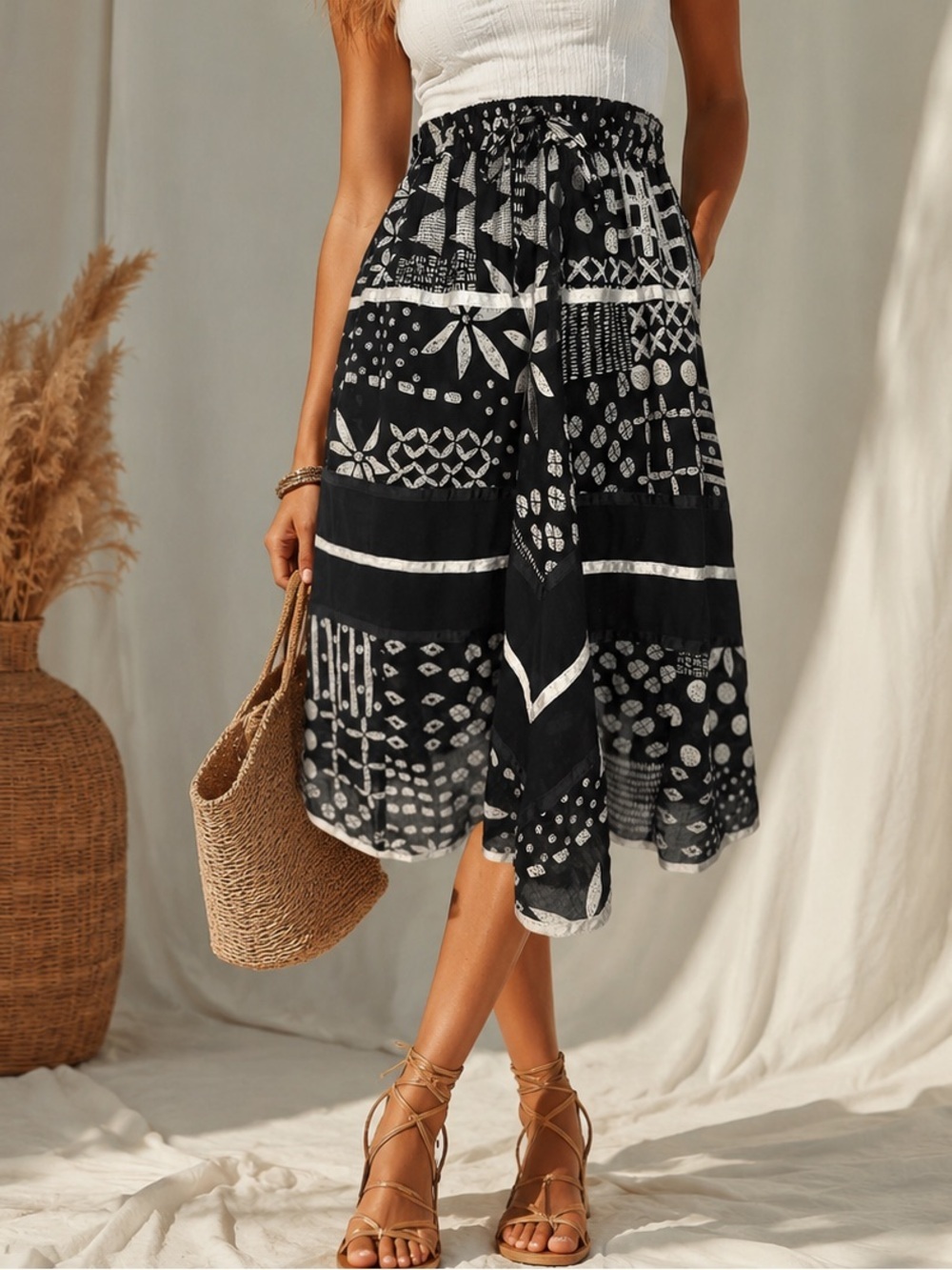 Silver Stream Black & White Boho Handkerchief Hem Skirt | One Size (1315)